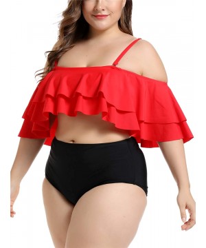 Women's Ruffle Off-Shoulder Plus Size Tankini Floral Print Swimsuit High Waisted Two Pieces Bathing Suit Monokini - Red Black...