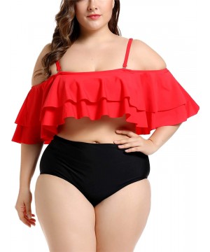 Women's Ruffle Off-Shoulder Plus Size Tankini Floral Print Swimsuit High Waisted Two Pieces Bathing Suit Monokini - Red Black...