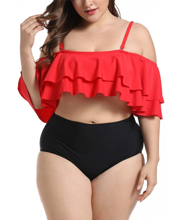 Women's Ruffle Off-Shoulder Plus Size Tankini Floral Print Swimsuit High Waisted Two Pieces Bathing Suit Monokini - Red Black...