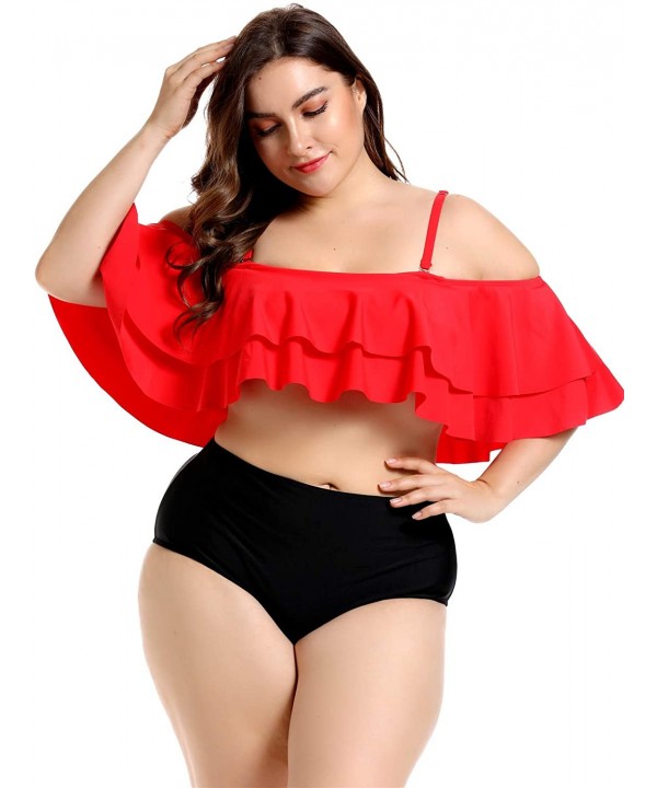 Women's Ruffle Off-Shoulder Plus Size Tankini Floral Print Swimsuit High Waisted Two Pieces Bathing Suit Monokini - Red Black...