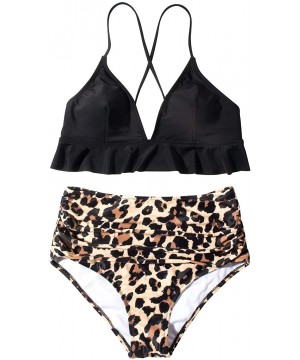 Women Scalloped Bikini Polka Dot Flounce Two Piece High Cut Bathing Suits - Leopard - C6198DXKI2I $26.67-Sets