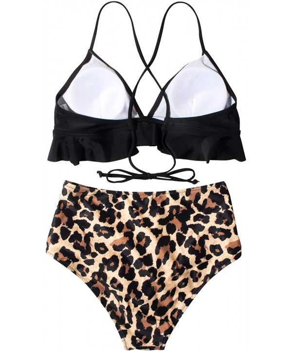 Women Scalloped Bikini Polka Dot Flounce Two Piece High Cut Bathing Suits - Leopard - C6198DXKI2I $26.67-Sets