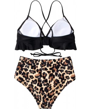 Women Scalloped Bikini Polka Dot Flounce Two Piece High Cut Bathing Suits - Leopard - C6198DXKI2I $26.67-Sets