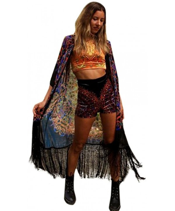 Women's Hippie Boho Print Loose Long Shawl Kimono Cardigan Cover up Blouse - Black - CW17YCKT3QA $11.66-Cover-Ups