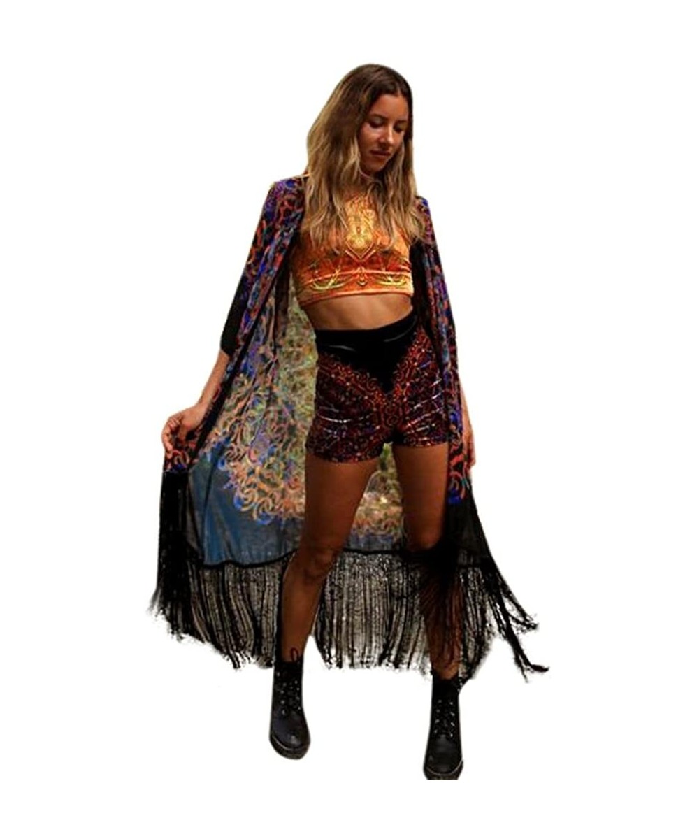 Women's Hippie Boho Print Loose Long Shawl Kimono Cardigan Cover up Blouse - Black - CW17YCKT3QA $11.66-Cover-Ups