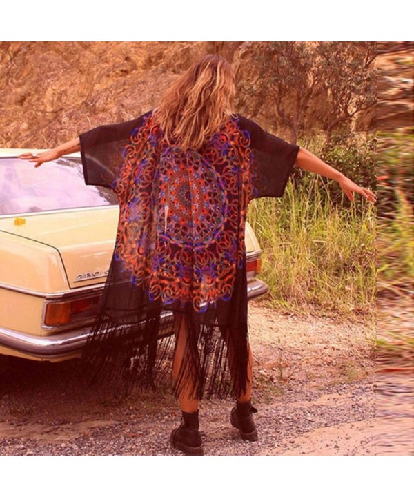 Women's Hippie Boho Print Loose Long Shawl Kimono Cardigan Cover up Blouse - Black - CW17YCKT3QA $11.66-Cover-Ups