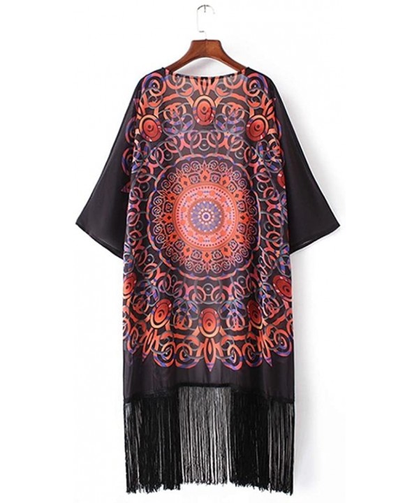 Women's Hippie Boho Print Loose Long Shawl Kimono Cardigan Cover up Blouse - Black - CW17YCKT3QA $11.66-Cover-Ups