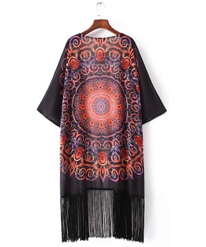 Women's Hippie Boho Print Loose Long Shawl Kimono Cardigan Cover up Blouse - Black - CW17YCKT3QA $11.66-Cover-Ups