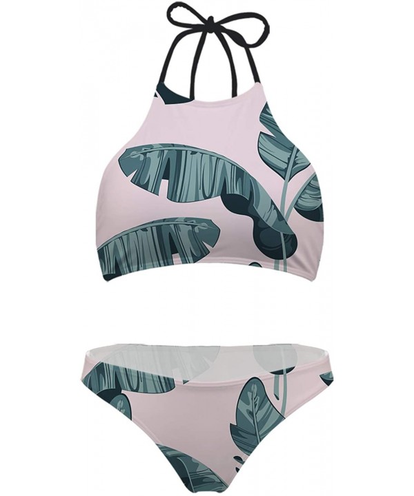 Fashion Printing High Neck Halter Bikini Swimsuit for Women Girls Mesh Lining Quick Dry - Banana Leaf - C61967Z26AQ $17.82-Sets