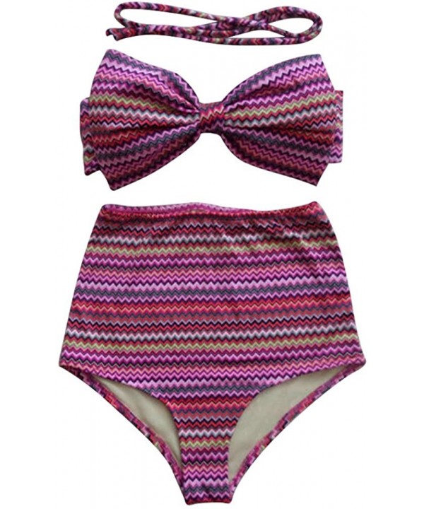 2PCS Womens High Waisted Swimsuit Bathing Suit Set Beach Bikini Swimwear - Purple Wave - CP18DTTMDRR $10.58-Sets