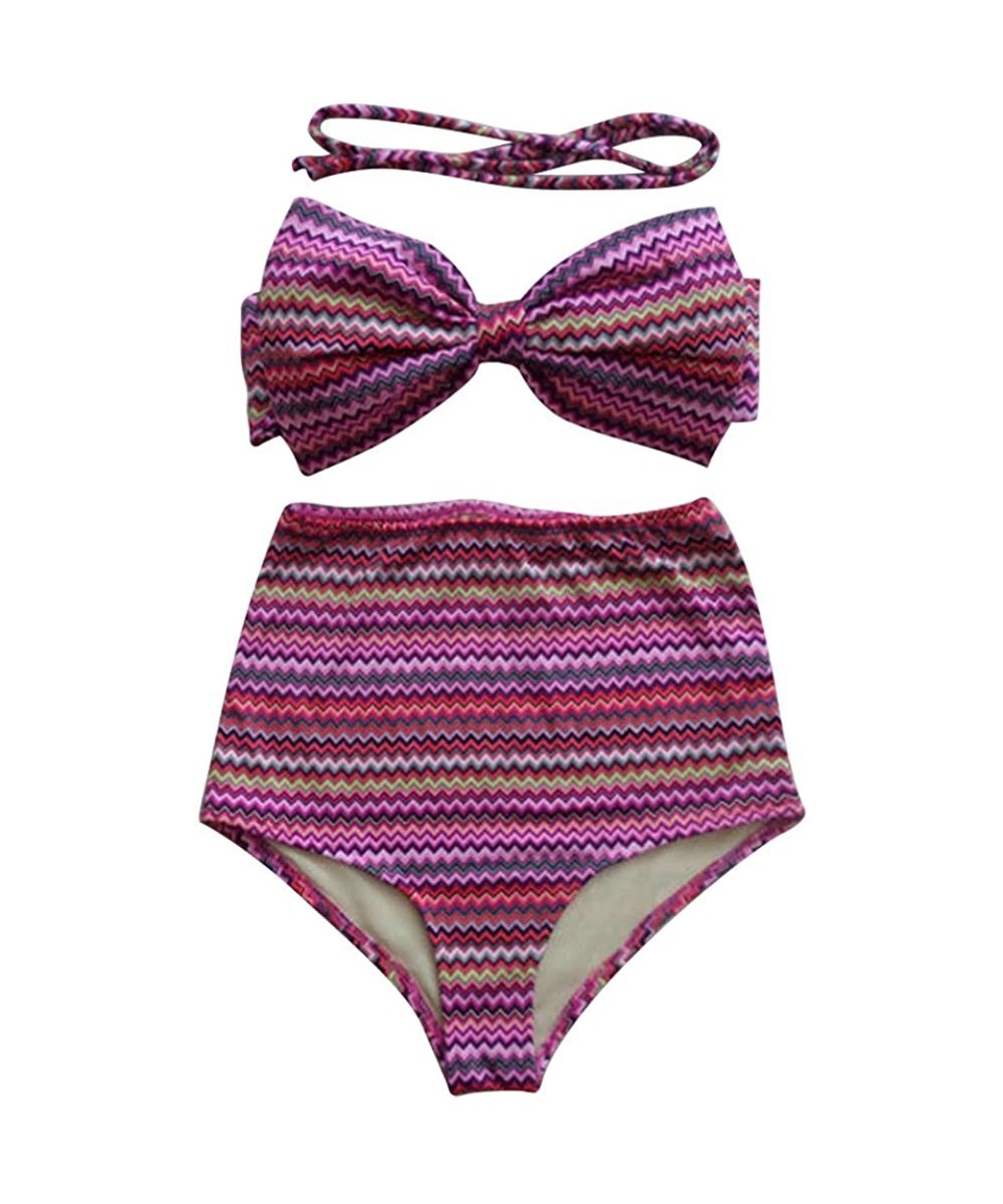 2PCS Womens High Waisted Swimsuit Bathing Suit Set Beach Bikini Swimwear - Purple Wave - CP18DTTMDRR $10.58-Sets