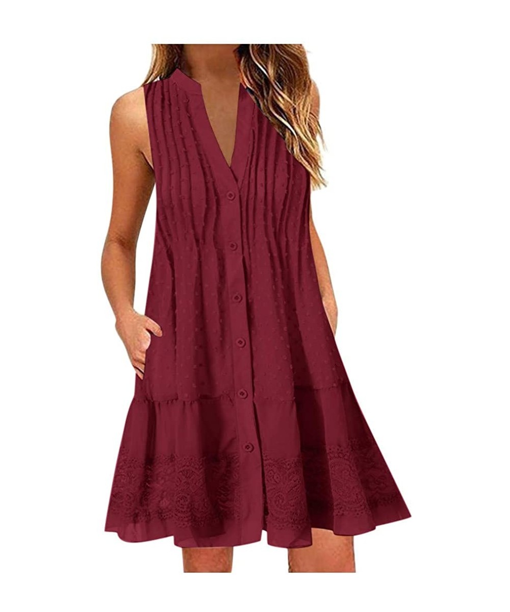 Women Dress Summer Tank Swing Dress Sleeveless Lace Beach Holiday Casual Loose Party Above Knee Dresses Sundress - Z-2 Wine -...