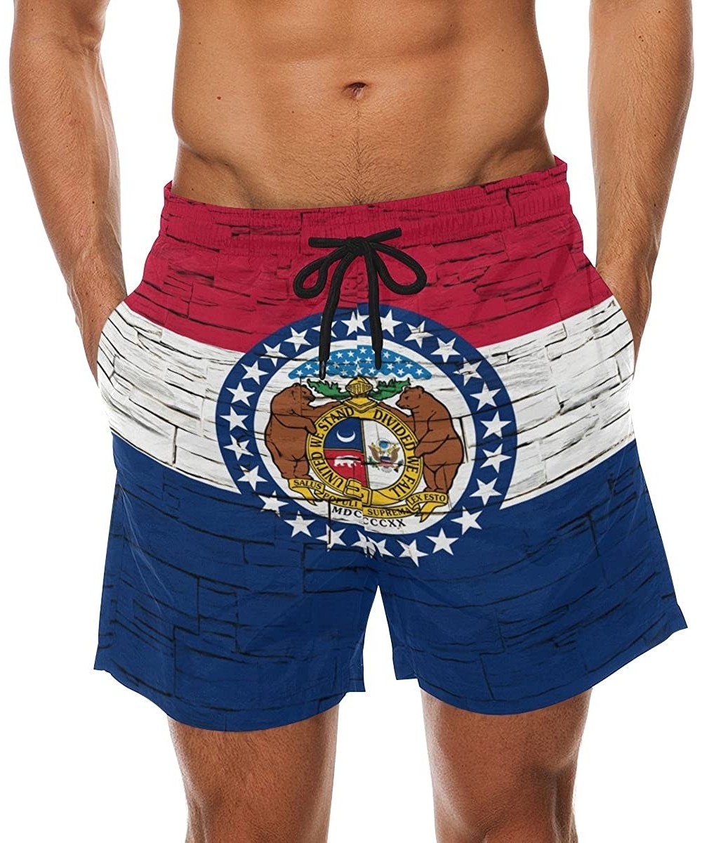 Distressed Missouri State Flag Men's Swim Trunks Beach Shorts with Pockets - C718ENAG4HE $26.02-Trunks