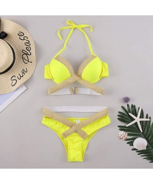 2020 Women Two Piece Swimsuits Gold Stamping Printing Cut Out High Cut Lace Up Beach Bathing Suits - Yellow - CG197KZX9QZ $18...