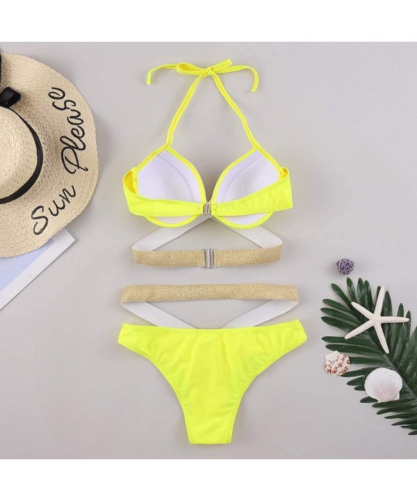 2020 Women Two Piece Swimsuits Gold Stamping Printing Cut Out High Cut Lace Up Beach Bathing Suits - Yellow - CG197KZX9QZ $18...