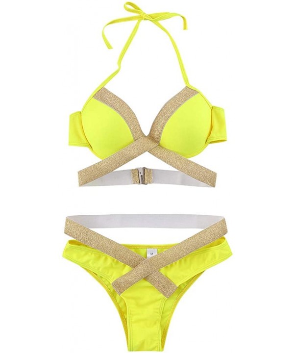 2020 Women Two Piece Swimsuits Gold Stamping Printing Cut Out High Cut Lace Up Beach Bathing Suits - Yellow - CG197KZX9QZ $18...