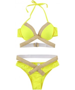 2020 Women Two Piece Swimsuits Gold Stamping Printing Cut Out High Cut Lace Up Beach Bathing Suits - Yellow - CG197KZX9QZ $18...