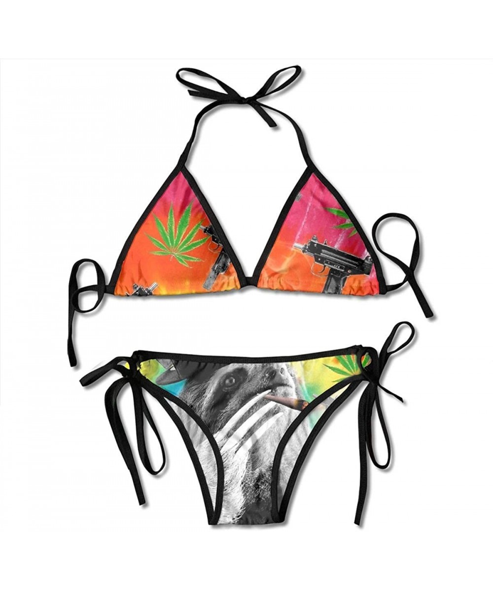 Sloth Gangsta Smoking Dope Marijuana Weed Bikini Set Beach Swimwear Two Piece Bikini Swimsuit for Women Girls Beachwear Black...