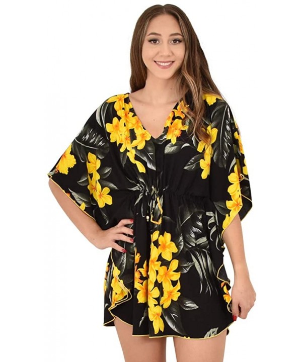 Island Style Clothing Ladies Short Kaftan Floral Leaf Hawaiian Print Swimsuit Cover Ups - Black & Yellow Leaf - CX18UDE08TA $...