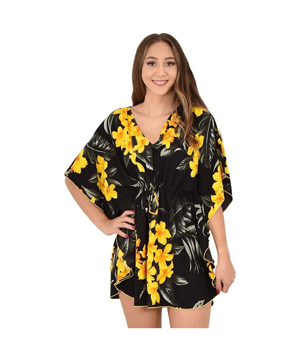 Island Style Clothing Ladies Short Kaftan Floral Leaf Hawaiian Print Swimsuit Cover Ups - Black & Yellow Leaf - CX18UDE08TA $...