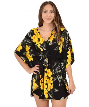 Island Style Clothing Ladies Short Kaftan Floral Leaf Hawaiian Print Swimsuit Cover Ups - Black & Yellow Leaf - CX18UDE08TA $...