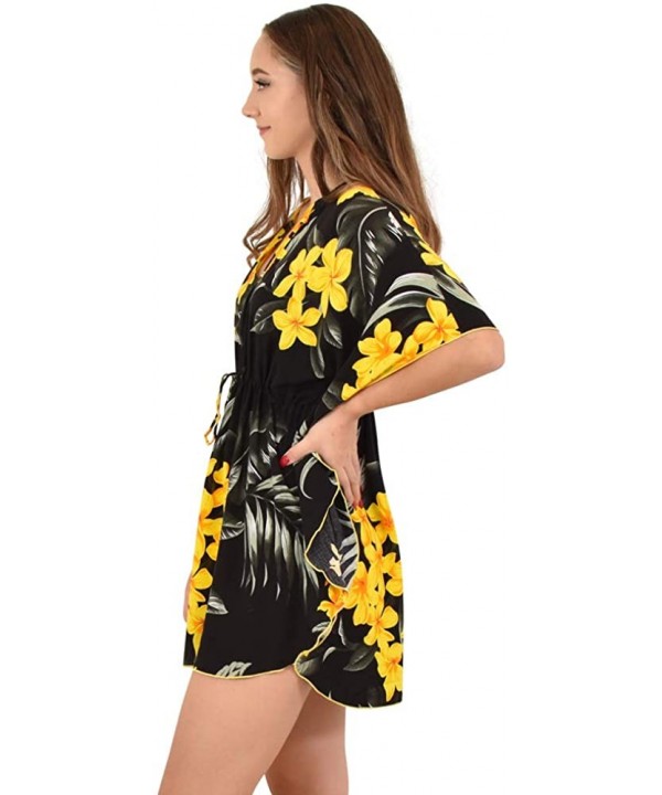 Island Style Clothing Ladies Short Kaftan Floral Leaf Hawaiian Print Swimsuit Cover Ups - Black & Yellow Leaf - CX18UDE08TA $...