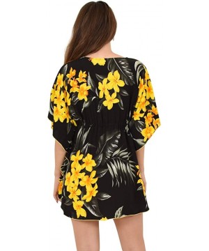 Island Style Clothing Ladies Short Kaftan Floral Leaf Hawaiian Print Swimsuit Cover Ups - Black & Yellow Leaf - CX18UDE08TA $...