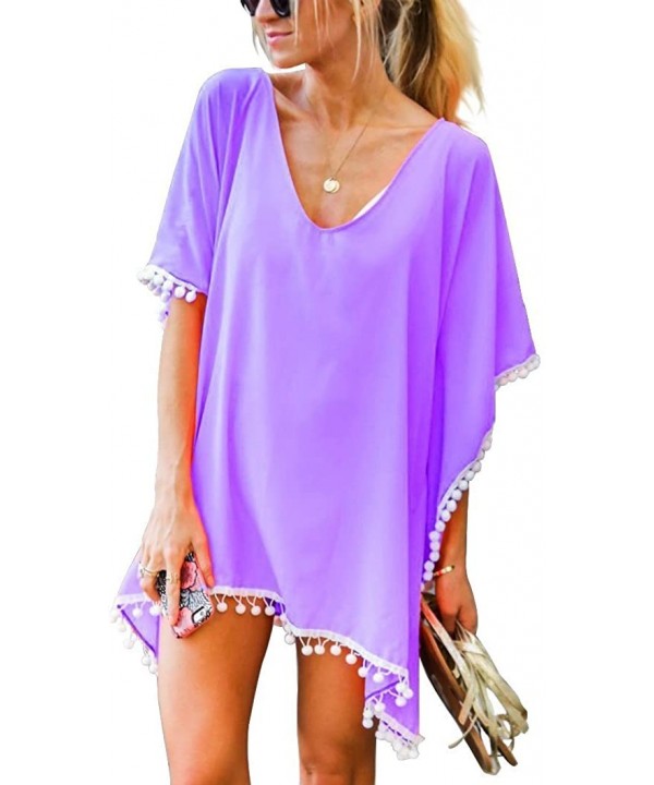 Women's Sexy Spaghetti Strap Backless Long Wrap Beach Dress Bikini Cover up - Light Purple(with White Tassels) - C918UDLNOMZ ...