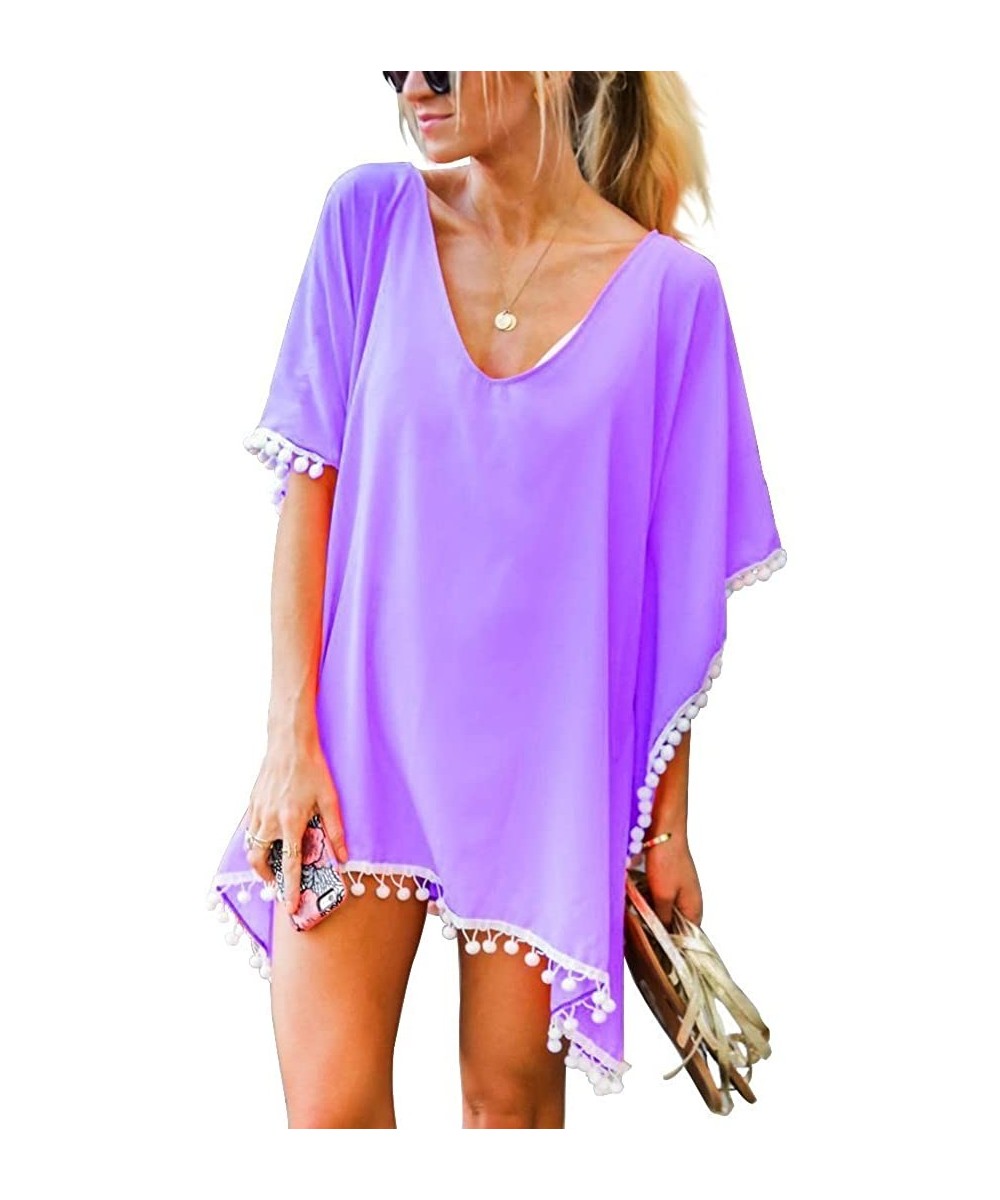 Women's Sexy Spaghetti Strap Backless Long Wrap Beach Dress Bikini Cover up - Light Purple(with White Tassels) - C918UDLNOMZ ...