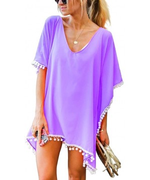 Women's Sexy Spaghetti Strap Backless Long Wrap Beach Dress Bikini Cover up - Light Purple(with White Tassels) - C918UDLNOMZ ...