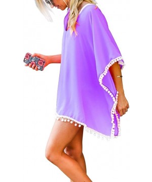 Women's Sexy Spaghetti Strap Backless Long Wrap Beach Dress Bikini Cover up - Light Purple(with White Tassels) - C918UDLNOMZ ...