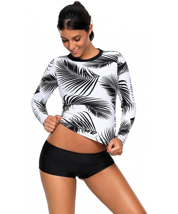 Womens Tropical Leaf Swim Top Long Sleeve Swimsuit Surf Rash Guard Swimwear - Black White - CL18DHDUMWT $13.78-Rash Guards