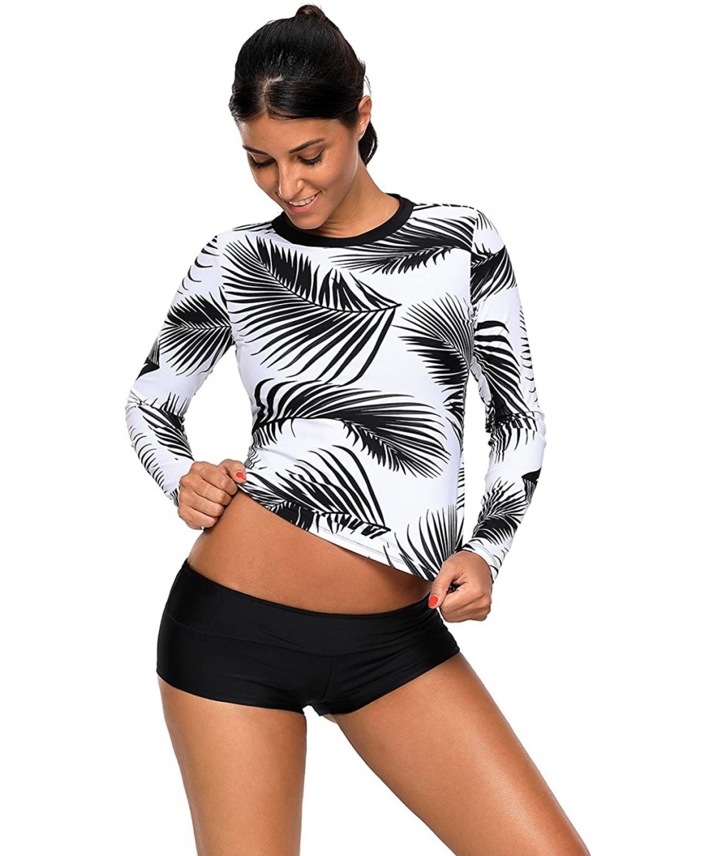 Womens Tropical Leaf Swim Top Long Sleeve Swimsuit Surf Rash Guard Swimwear - Black White - CL18DHDUMWT $13.78-Rash Guards