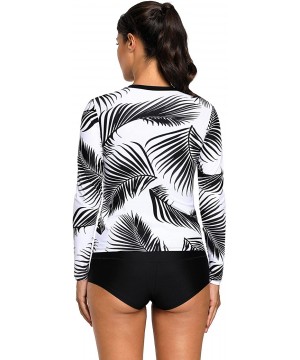 Womens Tropical Leaf Swim Top Long Sleeve Swimsuit Surf Rash Guard Swimwear - Black White - CL18DHDUMWT $13.78-Rash Guards