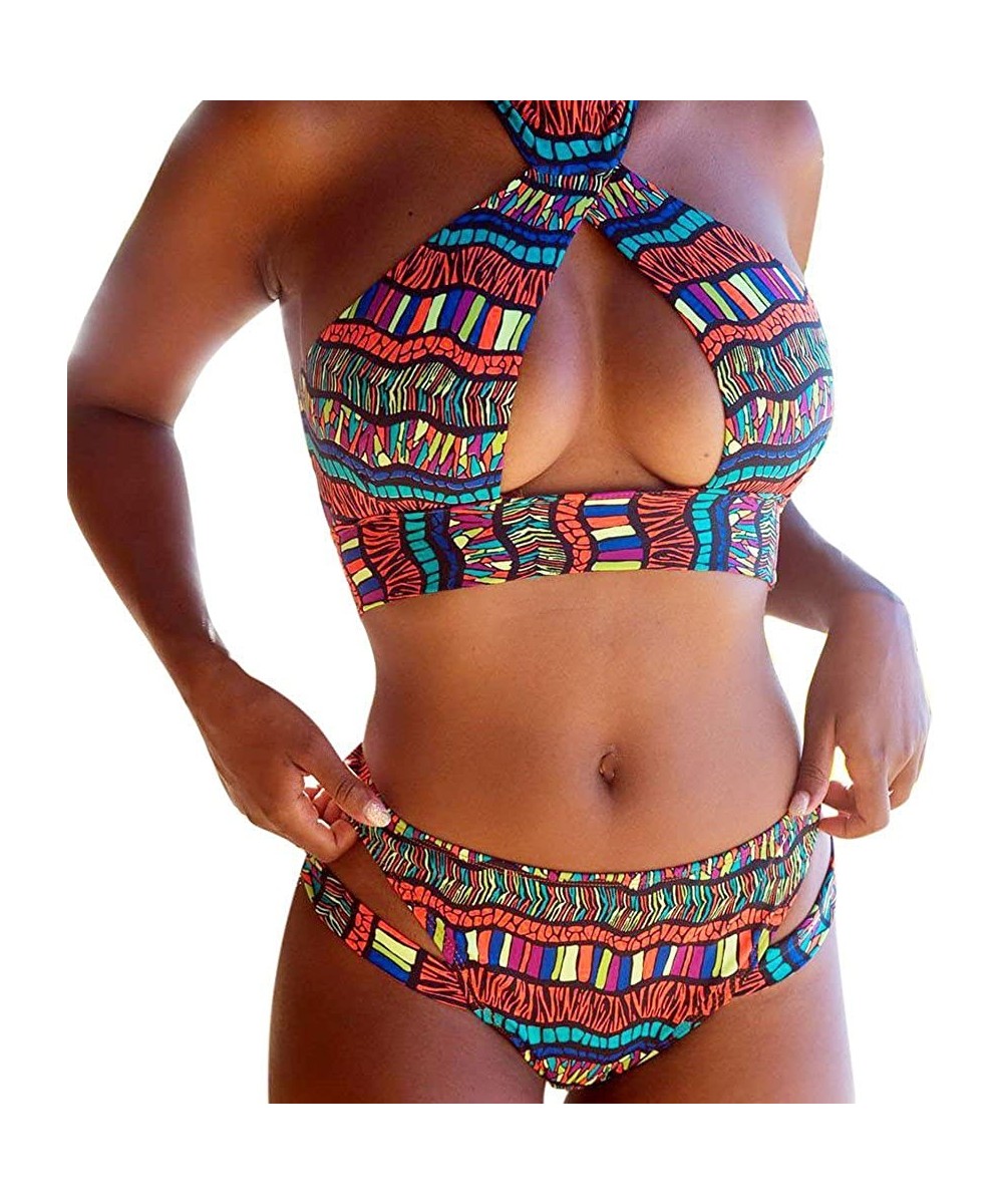 Women's Ethnic Color Print Open Chest Halter Bikini Set Push Up Padded Bra Swimsuit Cut Out Brief Swimwear Multi Color - CP19...