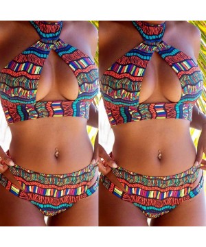 Women's Ethnic Color Print Open Chest Halter Bikini Set Push Up Padded Bra Swimsuit Cut Out Brief Swimwear Multi Color - CP19...