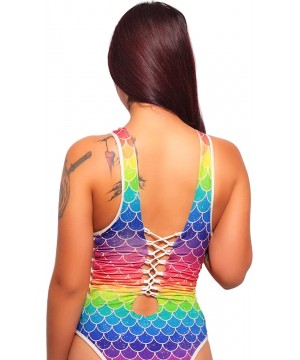 Womens Rave Bodysuits Swimsuit Rompers - One Piece EDM Festival Bathing Suits - Neon Electric Mermaid Tie Dye - CF18NOYUQAZ $...