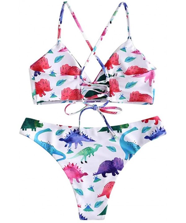 Bikini Set for Women - Lace Up Sexy Dinosaur Print Padded Swimwear Bathing Swimsuit Beachwear - White - CV18UMSX8EW $15.23-Bo...