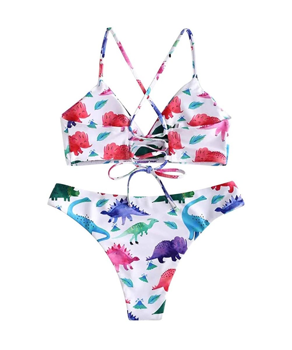 Bikini Set for Women - Lace Up Sexy Dinosaur Print Padded Swimwear Bathing Swimsuit Beachwear - White - CV18UMSX8EW $15.23-Bo...