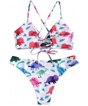 Bikini Set for Women - Lace Up Sexy Dinosaur Print Padded Swimwear Bathing Swimsuit Beachwear - White - CV18UMSX8EW $15.23-Bo...