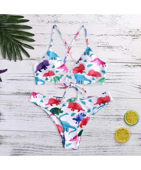 Bikini Set for Women - Lace Up Sexy Dinosaur Print Padded Swimwear Bathing Swimsuit Beachwear - White - CV18UMSX8EW $15.23-Bo...