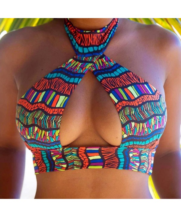 Women's Ethnic Color Print Open Chest Halter Bikini Set Push Up Padded Bra Swimsuit Cut Out Brief Swimwear Multi Color - CP19...