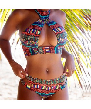 Women's Ethnic Color Print Open Chest Halter Bikini Set Push Up Padded Bra Swimsuit Cut Out Brief Swimwear Multi Color - CP19...