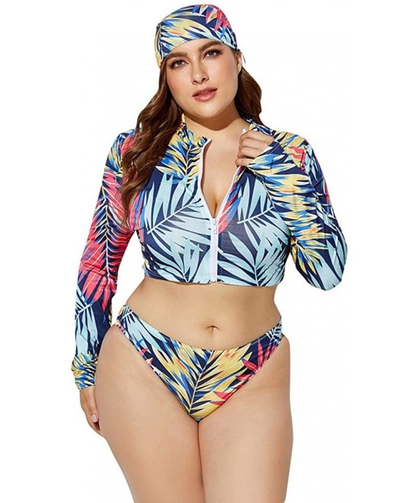 3 Piece Swimsuit for Women Plus Size 2020 Summer High Waist Print Split Long Sleeve Beach Bathing Suit - Blue - CF195T5QQYS $...