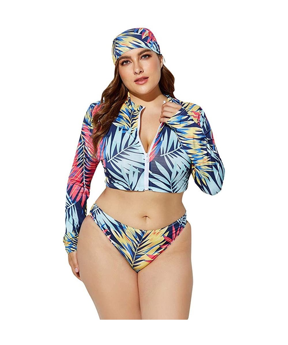 3 Piece Swimsuit for Women Plus Size 2020 Summer High Waist Print Split Long Sleeve Beach Bathing Suit - Blue - CF195T5QQYS $...