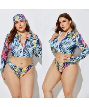 3 Piece Swimsuit for Women Plus Size 2020 Summer High Waist Print Split Long Sleeve Beach Bathing Suit - Blue - CF195T5QQYS $...