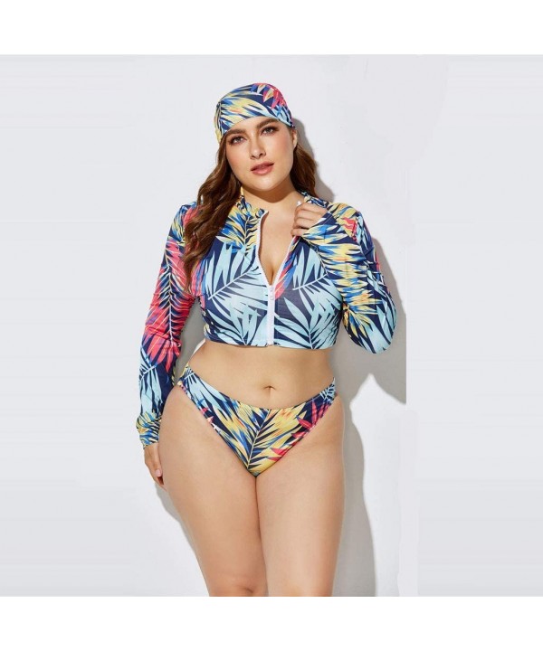 3 Piece Swimsuit for Women Plus Size 2020 Summer High Waist Print Split Long Sleeve Beach Bathing Suit - Blue - CF195T5QQYS $...