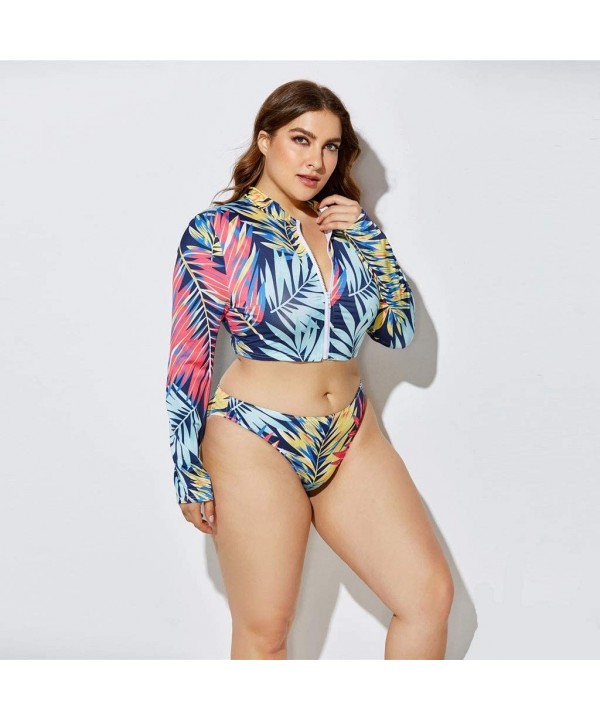 3 Piece Swimsuit for Women Plus Size 2020 Summer High Waist Print Split Long Sleeve Beach Bathing Suit - Blue - CF195T5QQYS $...