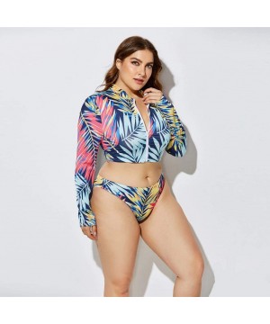 3 Piece Swimsuit for Women Plus Size 2020 Summer High Waist Print Split Long Sleeve Beach Bathing Suit - Blue - CF195T5QQYS $...