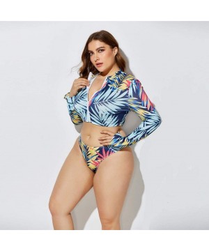 3 Piece Swimsuit for Women Plus Size 2020 Summer High Waist Print Split Long Sleeve Beach Bathing Suit - Blue - CF195T5QQYS $...